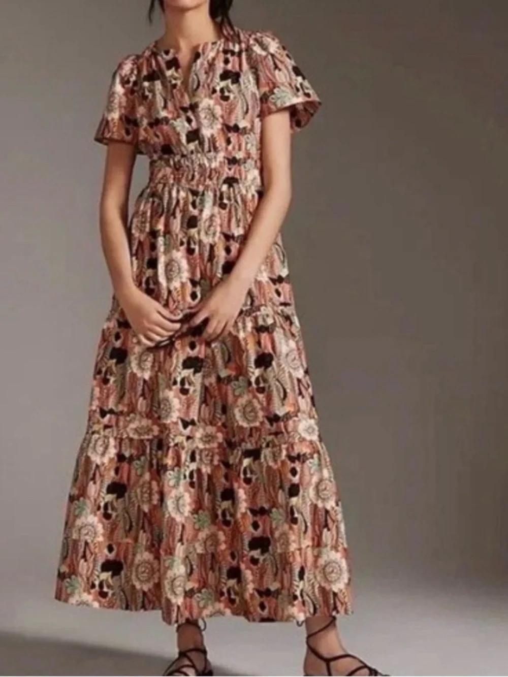NWT Anthropologie Somerset Tiered Maxi Dress S Pastel Coral Floral Pockets Flowy - Picture 6 of 13